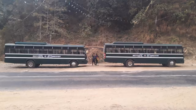Two Institute of Forestry buses parked on the roadside below a wooded hillside