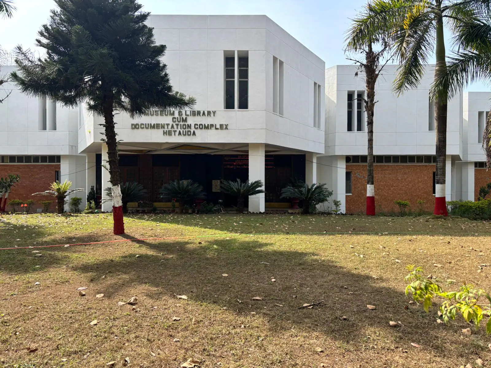 The white museum and library complex behind tall palms and a clipped lawn